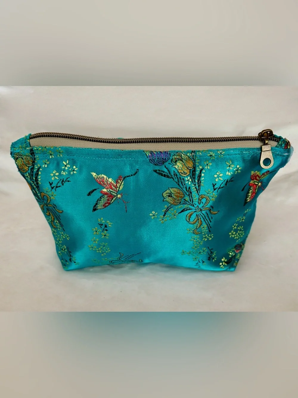 Handmade Parisian SatinTurquoise Floral Embroidered zipper Make up bag